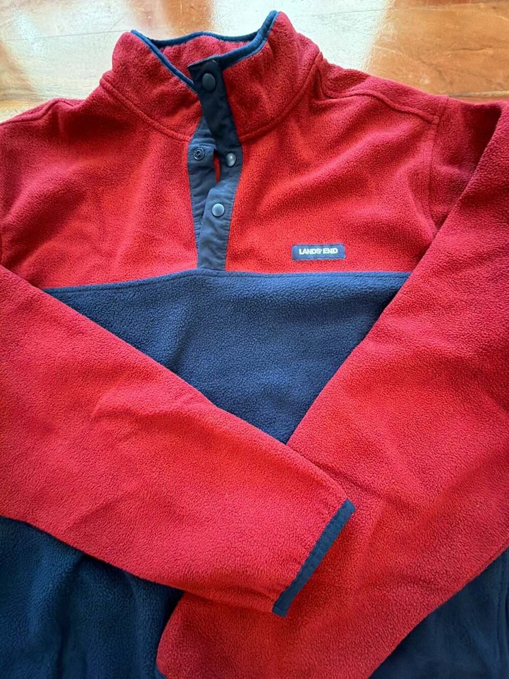 Lands' End Men's XL Red and Navy Blue Colorblock Fleece Snap Neck Pullover